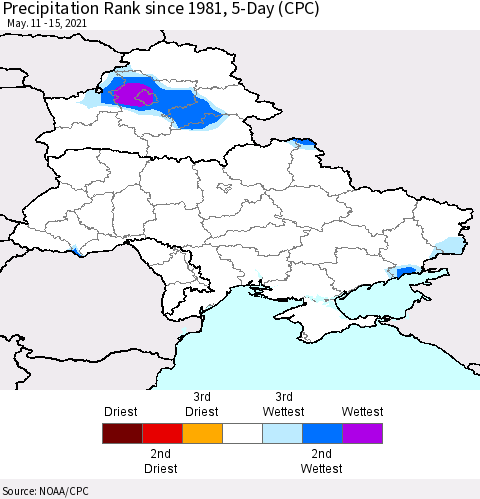Ukraine, Moldova and Belarus Precipitation Rank 5-Day (CPC) Thematic Map For 5/11/2021 - 5/15/2021