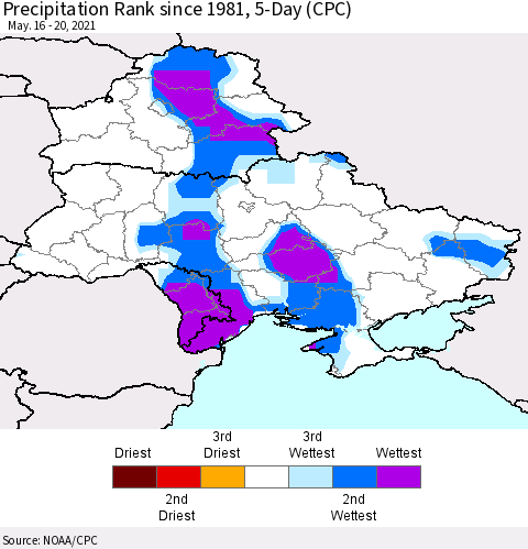 Ukraine, Moldova and Belarus Precipitation Rank since 1981, 5-Day (CPC) Thematic Map For 5/16/2021 - 5/20/2021