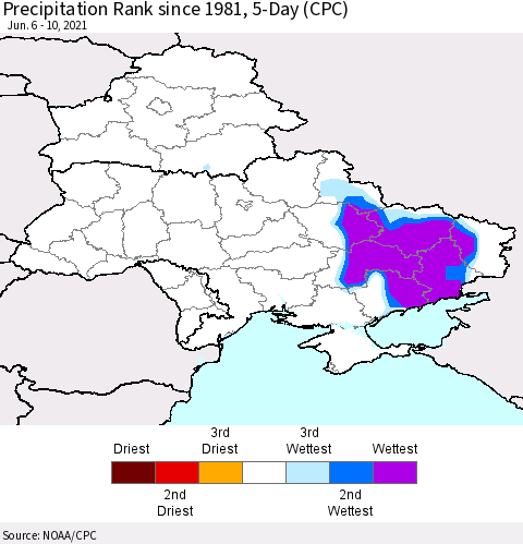 Ukraine, Moldova and Belarus Precipitation Rank since 1981, 5-Day (CPC) Thematic Map For 6/6/2021 - 6/10/2021