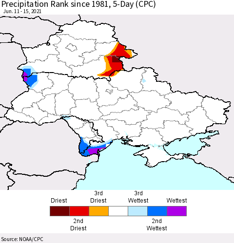 Ukraine, Moldova and Belarus Precipitation Rank since 1981, 5-Day (CPC) Thematic Map For 6/11/2021 - 6/15/2021