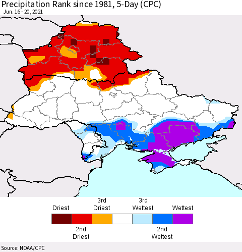 Ukraine, Moldova and Belarus Precipitation Rank 5-Day (CPC) Thematic Map For 6/16/2021 - 6/20/2021