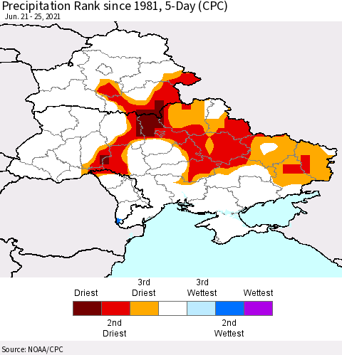 Ukraine, Moldova and Belarus Precipitation Rank since 1981, 5-Day (CPC) Thematic Map For 6/21/2021 - 6/25/2021
