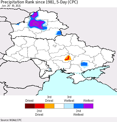 Ukraine, Moldova and Belarus Precipitation Rank 5-Day (CPC) Thematic Map For 6/26/2021 - 6/30/2021