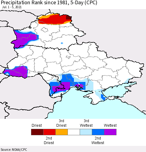 Ukraine, Moldova and Belarus Precipitation Rank since 1981, 5-Day (CPC) Thematic Map For 7/1/2021 - 7/5/2021