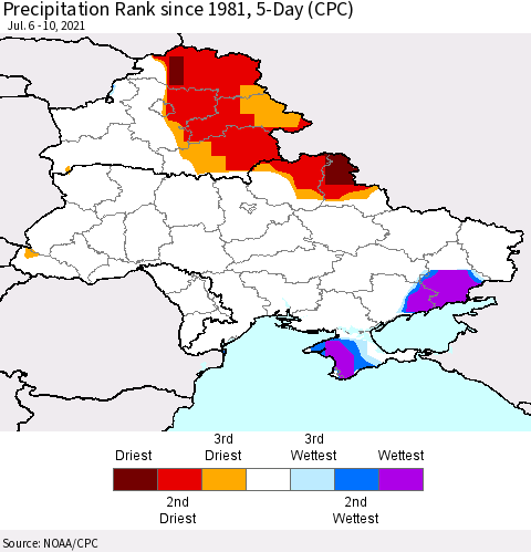Ukraine, Moldova and Belarus Precipitation Rank 5-Day (CPC) Thematic Map For 7/6/2021 - 7/10/2021