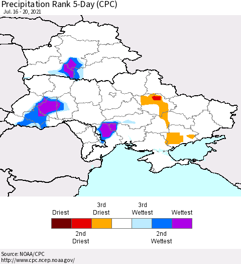 Ukraine, Moldova and Belarus Precipitation Rank 5-Day (CPC) Thematic Map For 7/16/2021 - 7/20/2021