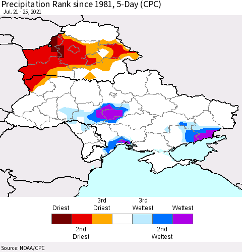 Ukraine, Moldova and Belarus Precipitation Rank since 1981, 5-Day (CPC) Thematic Map For 7/21/2021 - 7/25/2021