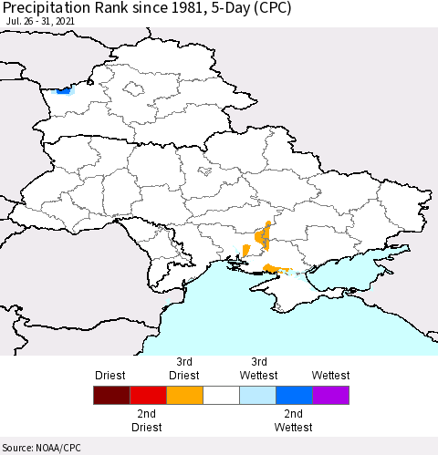 Ukraine, Moldova and Belarus Precipitation Rank since 1981, 5-Day (CPC) Thematic Map For 7/26/2021 - 7/31/2021