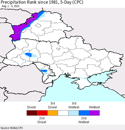 Ukraine, Moldova and Belarus Precipitation Rank since 1981, 5-Day (CPC) Thematic Map For 8/1/2021 - 8/5/2021