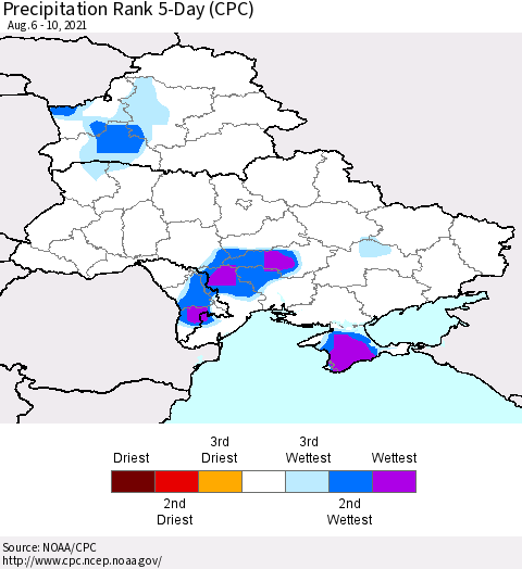 Ukraine, Moldova and Belarus Precipitation Rank since 1981, 5-Day (CPC) Thematic Map For 8/6/2021 - 8/10/2021