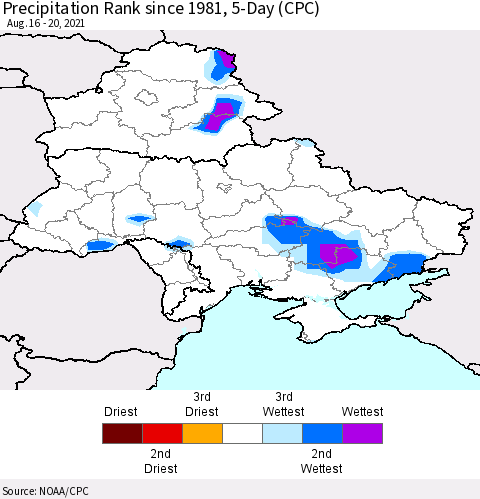 Ukraine, Moldova and Belarus Precipitation Rank 5-Day (CPC) Thematic Map For 8/16/2021 - 8/20/2021