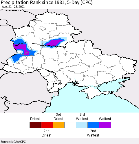 Ukraine, Moldova and Belarus Precipitation Rank 5-Day (CPC) Thematic Map For 8/21/2021 - 8/25/2021
