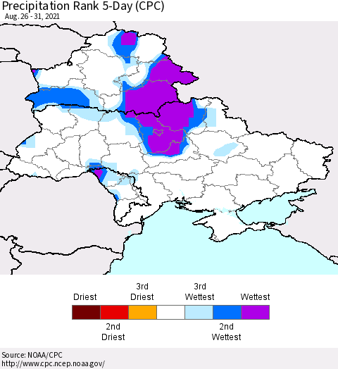 Ukraine, Moldova and Belarus Precipitation Rank 5-Day (CPC) Thematic Map For 8/26/2021 - 8/31/2021
