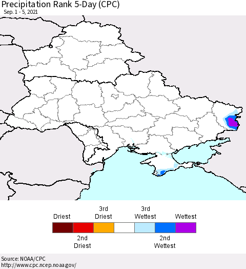 Ukraine, Moldova and Belarus Precipitation Rank 5-Day (CPC) Thematic Map For 9/1/2021 - 9/5/2021