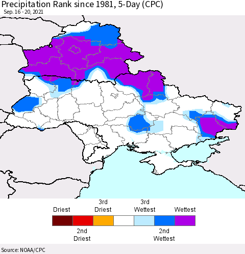 Ukraine, Moldova and Belarus Precipitation Rank since 1981, 5-Day (CPC) Thematic Map For 9/16/2021 - 9/20/2021