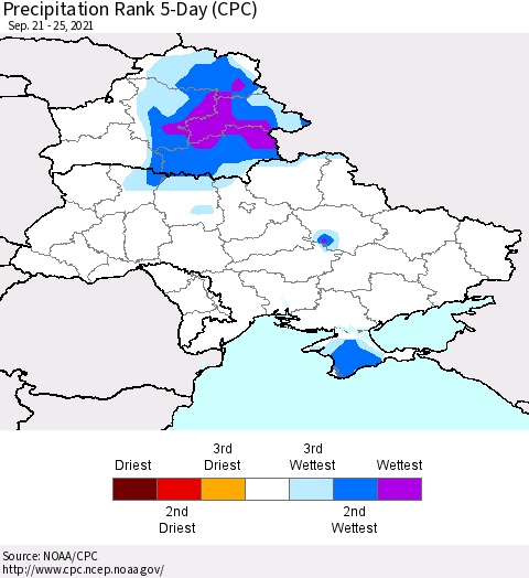 Ukraine, Moldova and Belarus Precipitation Rank 5-Day (CPC) Thematic Map For 9/21/2021 - 9/25/2021