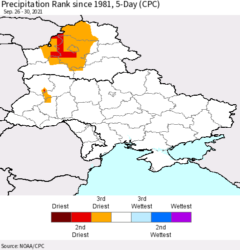 Ukraine, Moldova and Belarus Precipitation Rank 5-Day (CPC) Thematic Map For 9/26/2021 - 9/30/2021