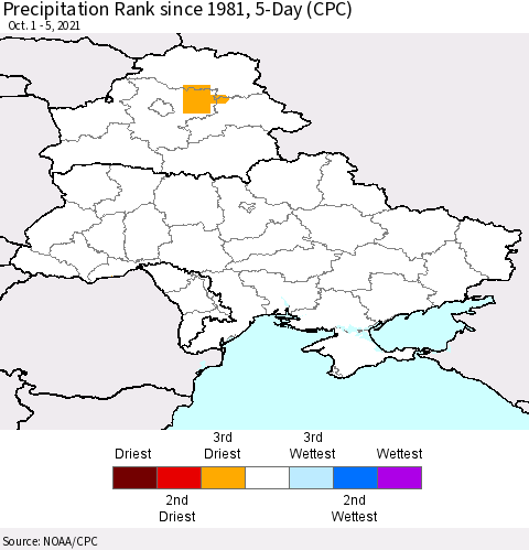 Ukraine, Moldova and Belarus Precipitation Rank 5-Day (CPC) Thematic Map For 10/1/2021 - 10/5/2021
