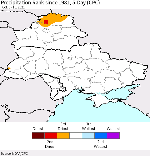 Ukraine, Moldova and Belarus Precipitation Rank 5-Day (CPC) Thematic Map For 10/6/2021 - 10/10/2021
