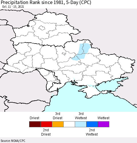 Ukraine, Moldova and Belarus Precipitation Rank 5-Day (CPC) Thematic Map For 10/11/2021 - 10/15/2021