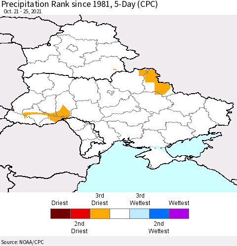 Ukraine, Moldova and Belarus Precipitation Rank since 1981, 5-Day (CPC) Thematic Map For 10/21/2021 - 10/25/2021