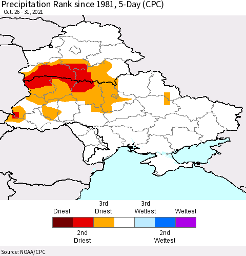 Ukraine, Moldova and Belarus Precipitation Rank since 1981, 5-Day (CPC) Thematic Map For 10/26/2021 - 10/31/2021