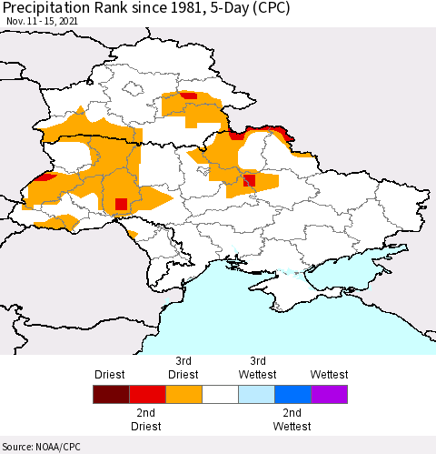 Ukraine, Moldova and Belarus Precipitation Rank 5-Day (CPC) Thematic Map For 11/11/2021 - 11/15/2021