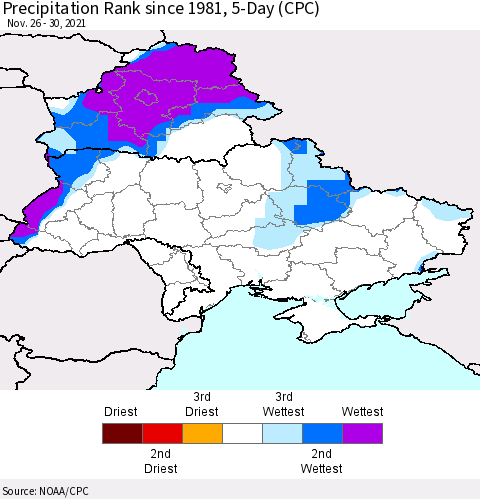 Ukraine, Moldova and Belarus Precipitation Rank 5-Day (CPC) Thematic Map For 11/26/2021 - 11/30/2021