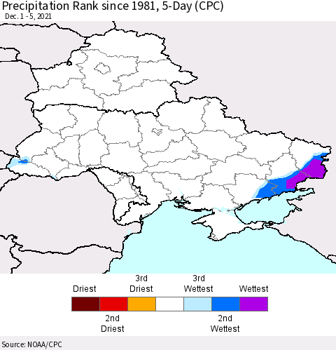 Ukraine, Moldova and Belarus Precipitation Rank since 1981, 5-Day (CPC) Thematic Map For 12/1/2021 - 12/5/2021