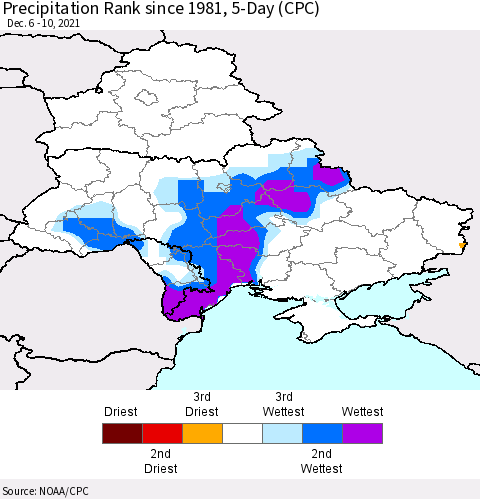 Ukraine, Moldova and Belarus Precipitation Rank 5-Day (CPC) Thematic Map For 12/6/2021 - 12/10/2021