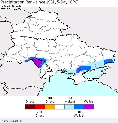 Ukraine, Moldova and Belarus Precipitation Rank since 1981, 5-Day (CPC) Thematic Map For 12/26/2021 - 12/31/2021