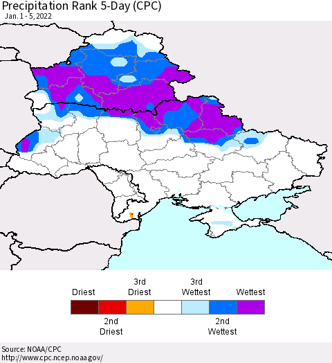 Ukraine, Moldova and Belarus Precipitation Rank since 1981, 5-Day (CPC) Thematic Map For 1/1/2022 - 1/5/2022