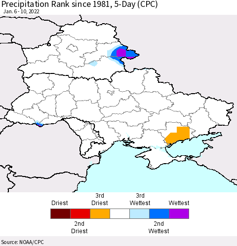 Ukraine, Moldova and Belarus Precipitation Rank since 1981, 5-Day (CPC) Thematic Map For 1/6/2022 - 1/10/2022