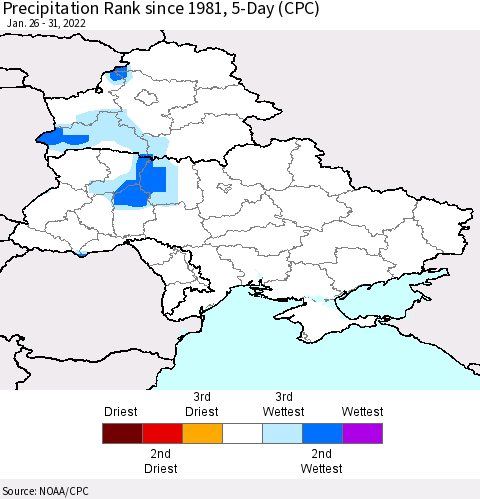 Ukraine, Moldova and Belarus Precipitation Rank 5-Day (CPC) Thematic Map For 1/26/2022 - 1/31/2022