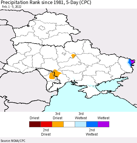 Ukraine, Moldova and Belarus Precipitation Rank since 1981, 5-Day (CPC) Thematic Map For 2/1/2022 - 2/5/2022