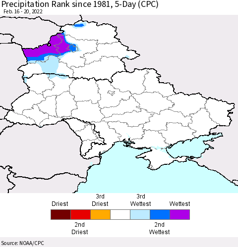 Ukraine, Moldova and Belarus Precipitation Rank since 1981, 5-Day (CPC) Thematic Map For 2/16/2022 - 2/20/2022