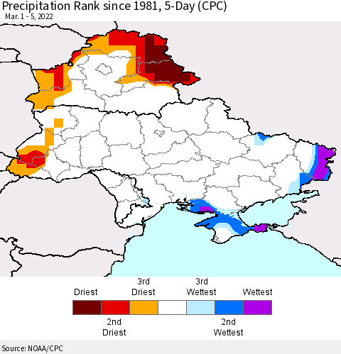 Ukraine, Moldova and Belarus Precipitation Rank since 1981, 5-Day (CPC) Thematic Map For 3/1/2022 - 3/5/2022