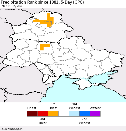 Ukraine, Moldova and Belarus Precipitation Rank since 1981, 5-Day (CPC) Thematic Map For 3/11/2022 - 3/15/2022