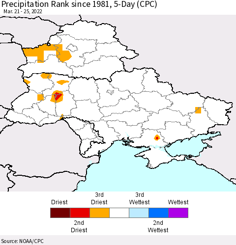 Ukraine, Moldova and Belarus Precipitation Rank 5-Day (CPC) Thematic Map For 3/21/2022 - 3/25/2022