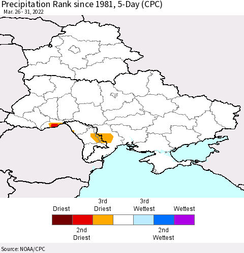 Ukraine, Moldova and Belarus Precipitation Rank since 1981, 5-Day (CPC) Thematic Map For 3/26/2022 - 3/31/2022