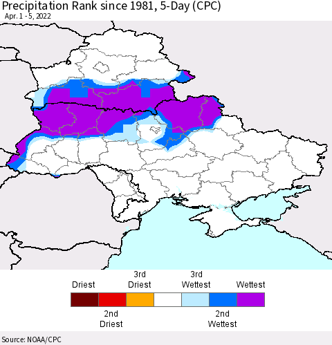 Ukraine, Moldova and Belarus Precipitation Rank 5-Day (CPC) Thematic Map For 4/1/2022 - 4/5/2022