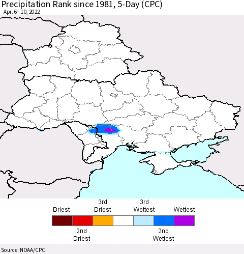 Ukraine, Moldova and Belarus Precipitation Rank 5-Day (CPC) Thematic Map For 4/6/2022 - 4/10/2022
