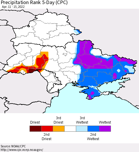 Ukraine, Moldova and Belarus Precipitation Rank 5-Day (CPC) Thematic Map For 4/11/2022 - 4/15/2022