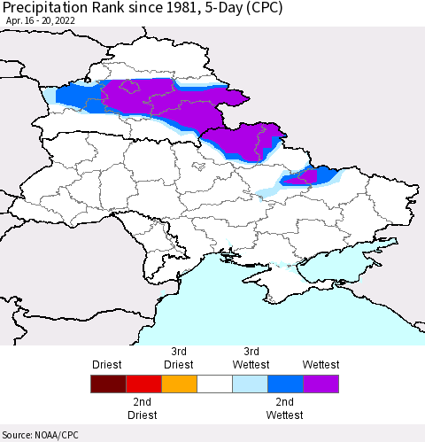 Ukraine, Moldova and Belarus Precipitation Rank since 1981, 5-Day (CPC) Thematic Map For 4/16/2022 - 4/20/2022
