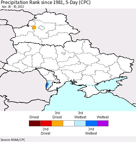 Ukraine, Moldova and Belarus Precipitation Rank since 1981, 5-Day (CPC) Thematic Map For 4/26/2022 - 4/30/2022