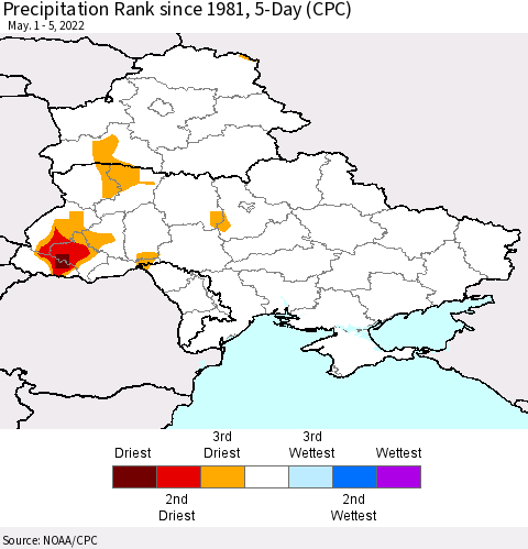Ukraine, Moldova and Belarus Precipitation Rank since 1981, 5-Day (CPC) Thematic Map For 5/1/2022 - 5/5/2022