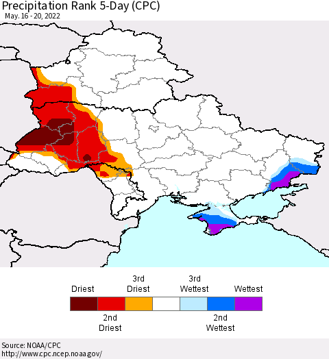 Ukraine, Moldova and Belarus Precipitation Rank since 1981, 5-Day (CPC) Thematic Map For 5/16/2022 - 5/20/2022