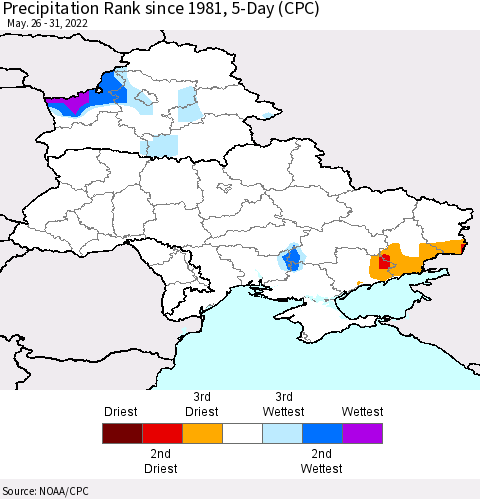 Ukraine, Moldova and Belarus Precipitation Rank 5-Day (CPC) Thematic Map For 5/26/2022 - 5/31/2022