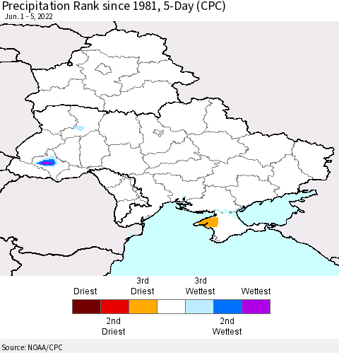 Ukraine, Moldova and Belarus Precipitation Rank 5-Day (CPC) Thematic Map For 6/1/2022 - 6/5/2022