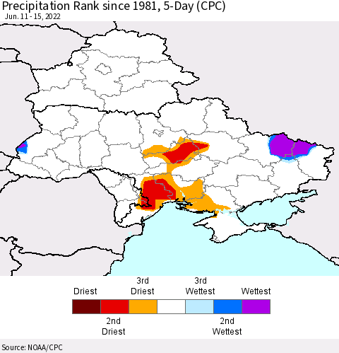 Ukraine, Moldova and Belarus Precipitation Rank 5-Day (CPC) Thematic Map For 6/11/2022 - 6/15/2022